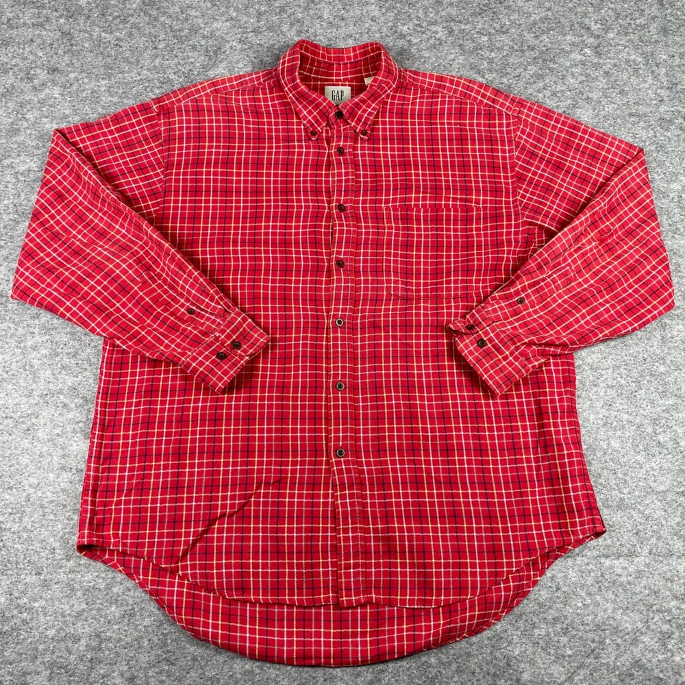 VTG 90s GAP Button Down Shirt Mens XL Red Plaid Long Sleeve Cotton Front Pocket